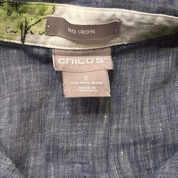 Chico's Linen Shirt No Iron Side Button Tunic Contrast Print Trim Blue 3 (XL) - Picture 9 of 9